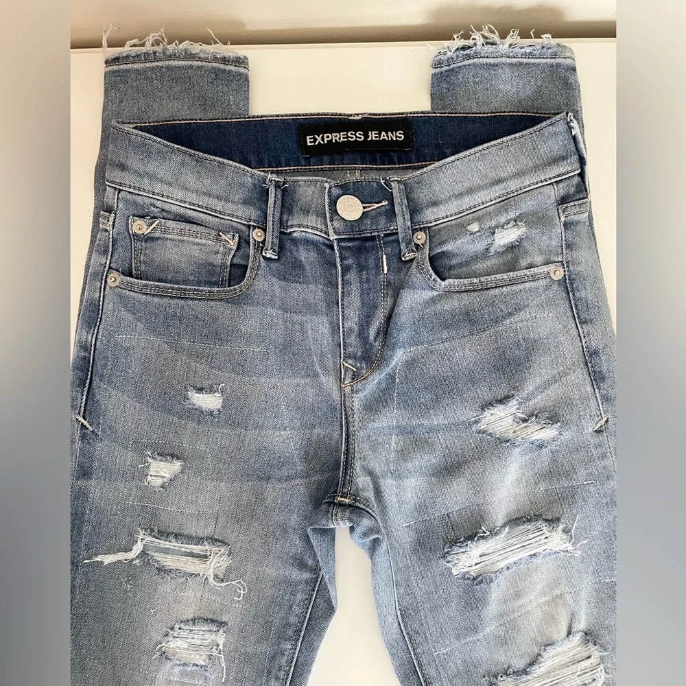 Express Blue Skinny Jeans Distressed Ripped Mid-Rise Women’s 00R - Picture 6 of 12